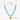 Turquoise beaded necklace with gold sun pendant and measurements on a white background