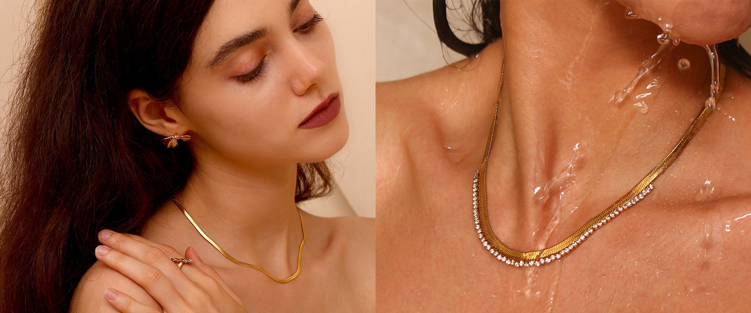 Woman with brown hair wearing waterproof gold jewellery