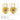 Gold heart-shaped earrings with eye design, shown with measurements and material details.